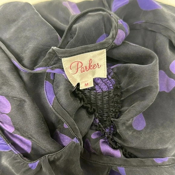 Parker Mini Dress Pure Silk Ruffle Racerback Polka Dot Black Purple Size Medium - Picture 9 of 10